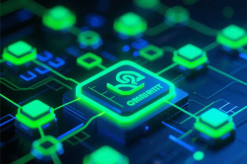 Futuristic digital network background with interconnected glowing nodes in green and blue neon colors representing secure smart contract execution