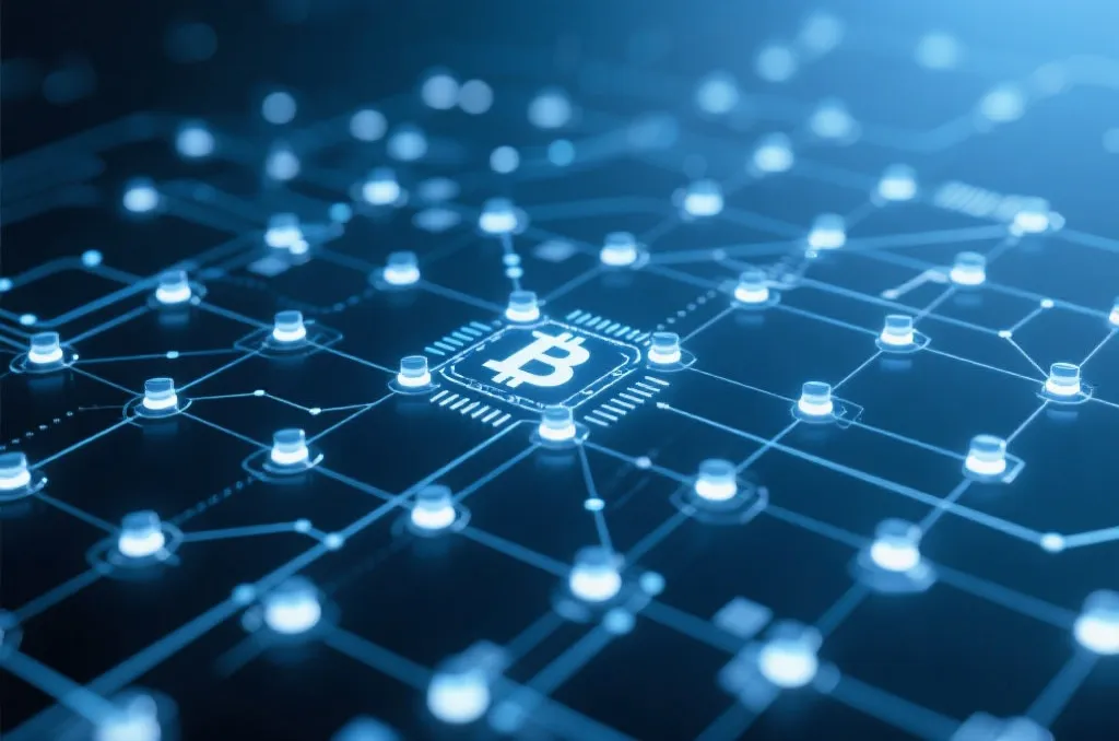 An abstract network grid with interconnected glowing nodes, representing decentralized data flow and transparency